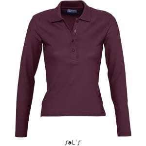 A women's long sleeve polo shirt in a burgundy colour, made from 100% combed ring spun cotton, featuring a logo.