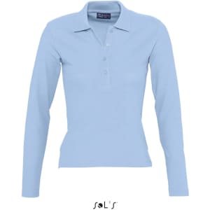 A light blue women's long sleeve polo shirt made from 100% combed ring spun cotton, featuring a collar and buttons.