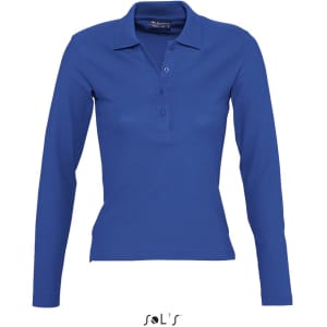 A women's long sleeve polo shirt in vibrant blue, made from 100% combed ring spun cotton, with a collar and buttons.