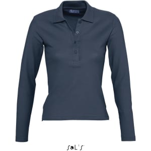 A women's long sleeve polo shirt in navy blue, made from 100% combed ring spun cotton, featuring a logo.
