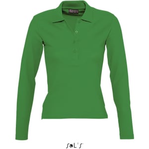 A long sleeve women's polo shirt in green with a collar and a front button placket, featuring a brand logo.