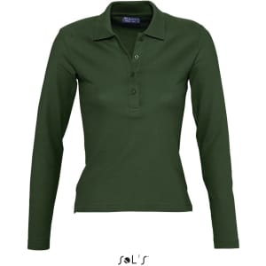 A women's long sleeve polo shirt in dark green, made from 100% combed ring spun cotton, featuring a collar and buttons.