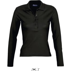 A black long sleeve polo shirt made from 100% combed ring spun cotton, featuring buttons and a collar.