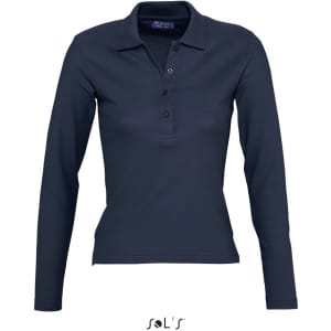 A long sleeve women's polo shirt in navy blue, made from 100% combed ring spun cotton, featuring a logo.