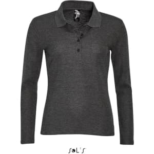 A women's long sleeve polo shirt in a dark grey colour, made from 100% combed ring spun cotton, featuring a collar and buttons.