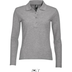 A women's long sleeve polo shirt in grey, made from 100% combed ring spun cotton, featuring a logo.
