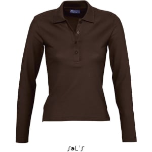 A women's long sleeve polo shirt in dark brown made from 100% combed ring spun cotton, featuring a collar and buttons.