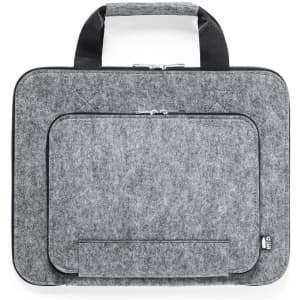 A grey felt laptop bag with a top handle and a front zippered pocket. It features a simple design and soft texture.