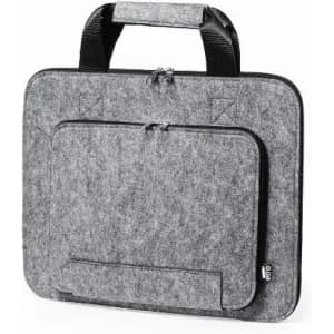 A grey felt laptop case with a top handle and a zippered front pocket. It features a sleek, minimalist design.
