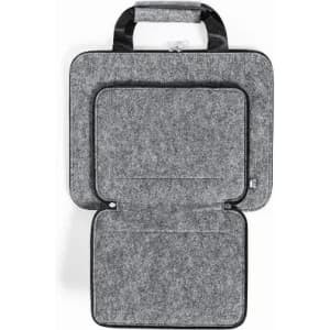 A laptop bag in grey felt with a top handle and two zippered compartments. Features a clean, minimalist design.