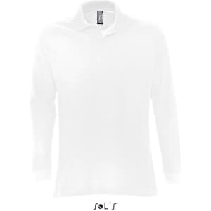 A white long-sleeve jumper with a collar and button-down, made from 100% combed ring spun cotton, featuring a logo.
