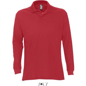 A red jumper with a collar and button down, made from 100% combed ring spun cotton, featuring a logo.