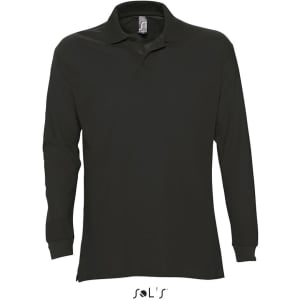 A long-sleeve black jumper with a collar and button-down design made from 100% combed ring-spun cotton, featuring a logo.