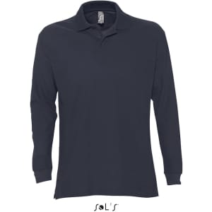 A navy long-sleeve polo shirt with a collar and button-down front, made from 100% combed ring spun cotton.