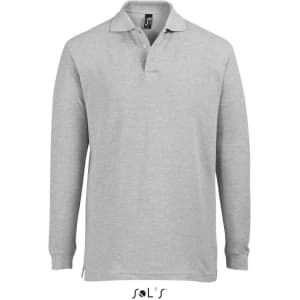 A grey long-sleeved jumper with a collar and button-down front, made from 100% combed ring spun cotton, featuring a logo.