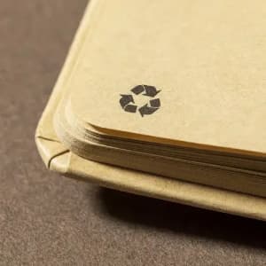 A natural brown notebook with rounded corners and a recycling symbol on the cover.