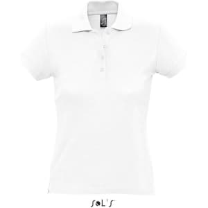 A white women's polo shirt made of 100% ring spun cotton, featuring a collar and buttons, with a logo on the label.