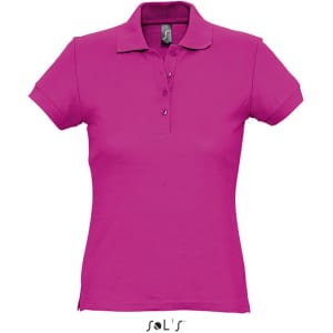 A women's polo shirt in vibrant magenta, made from 100% ring spun cotton, featuring a collar and button placket.