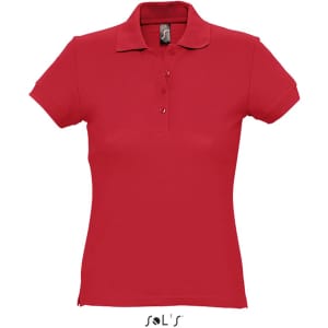 A red women's polo shirt made from 100% ring spun cotton with a collar and three buttons, featuring a logo.