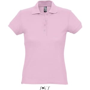 A pink women's polo shirt made of 100% ring spun cotton, featuring a collar and button placket. It has a logo.