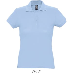 A light blue women's polo shirt made from 100% ring spun cotton, featuring a collar and button placket.
