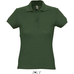 A women's polo shirt in dark green, made from 100% ring spun cotton, featuring a collar and buttons.