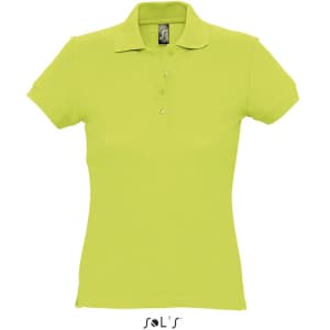 A women's polo shirt in a vibrant yellow-green shade, made from 100% ring spun cotton, featuring a logo.