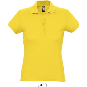 A yellow women's polo shirt made of 100% ring spun cotton, featuring a collar and a button placket. It has a logo.