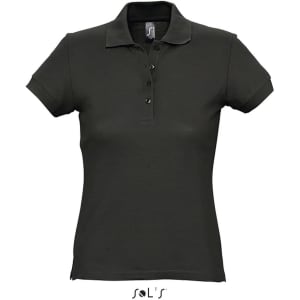 A women's polo shirt in dark grey, made from 100% ring spun cotton, featuring a collar and button placket.