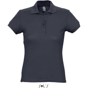 A navy women's polo shirt made of 100% ring spun cotton, featuring a collar and short sleeves. It includes a logo.