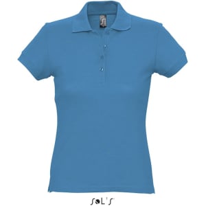 A women's polo shirt in a vibrant blue, made from 100% ring spun cotton. Features a logo on the collar.