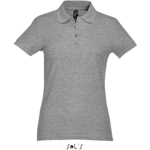 A grey women's polo shirt made from 100% ring spun cotton, featuring a collar and a logo.