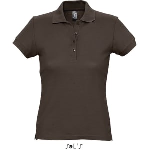 A women's polo shirt in dark brown, made of 100% ring-spun cotton, featuring a collar and buttons.