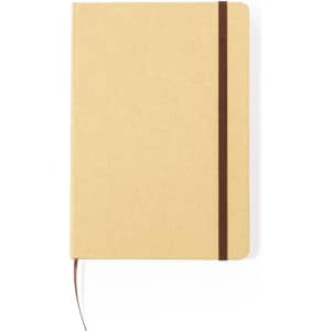 A notebook with a kraft brown cover, featuring a brown elastic band and a ribbon bookmark.