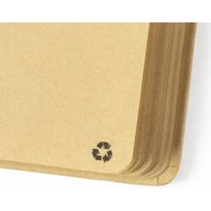 A notebook with kraft paper covers, featuring rounded corners and a recycling symbol on the bottom corner.