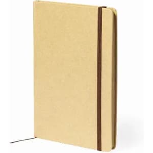 A notebook with a brown elastic band, featuring a plain cardboard cover and a ribbon bookmark.