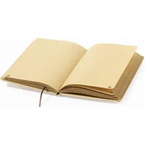 An open beige notebook with blank pages and a brown string binding. It features brass rings on the spine.