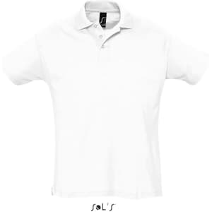 A white polo shirt made from 100% combed ring spun cotton, featuring a logo on the collar.