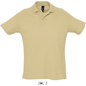 A light beige polo shirt made of 100% combed ring spun cotton, featuring a collar and short sleeves. It has a logo.