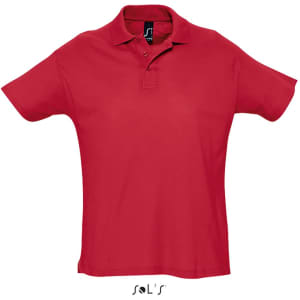 A red polo shirt made from 100% combed ring spun cotton with a collar and short sleeves, featuring a logo.