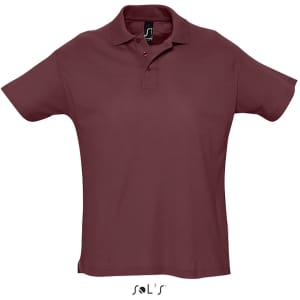 A maroon polo shirt made from 100% combed ring spun cotton, featuring a collar and short sleeves, with a brand logo.