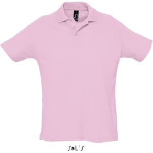 A pink polo shirt made from 100% combed ring spun cotton with a logo. Short sleeves and a classic collar design.