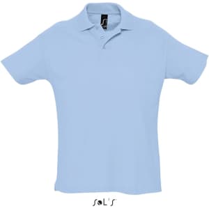 A light blue men's polo shirt made from 100% combed ring spun cotton, featuring a logo.