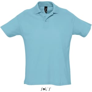 A light blue polo shirt made from 100% combed ring spun cotton, featuring a collar and short sleeves. It has a logo.
