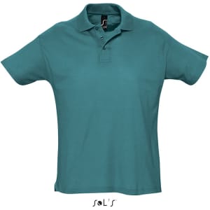 A teal polo shirt made of 100% combed ring spun cotton, featuring a collar and short sleeves. It includes a logo.