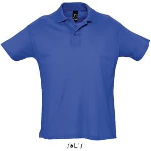 A blue men's polo shirt made of 100% combed ring spun cotton, featuring a collar and a logo.