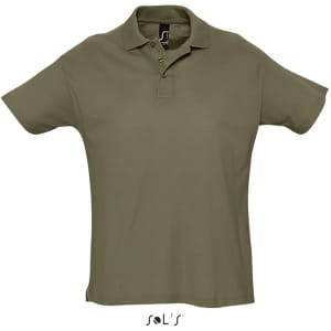 A short-sleeved men's polo shirt in olive green made from 100% combed ring spun cotton, featuring a logo.