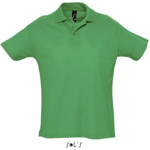 A green polo shirt made from 100% combed ring spun cotton, featuring a collar and a logo.