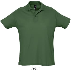 A green polo shirt made of 100% combed ring spun cotton, featuring a collar and short sleeves. It has a logo.