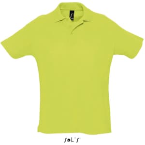 A bright lime green polo shirt made from 100% combed ring spun cotton, featuring a collar and a logo.